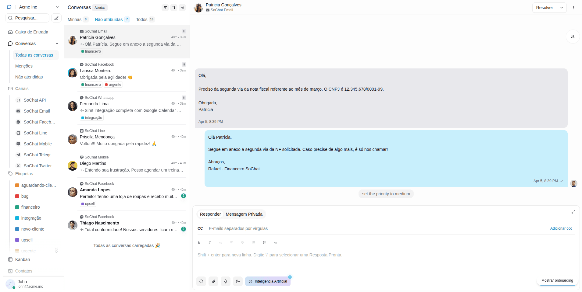 Painel de conversas SoChat — omnichannel e assistente com IA