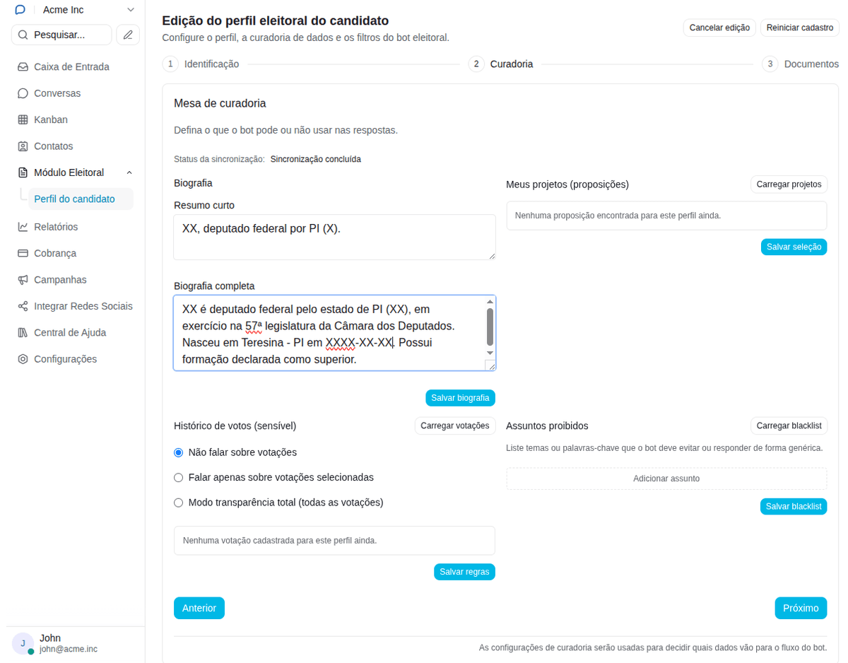 Mesa de curadoria do perfil eleitoral na SoChat